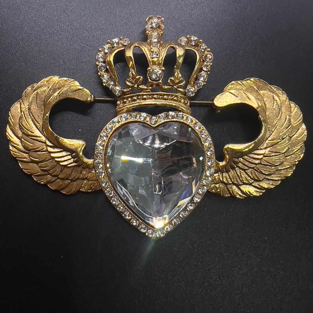 Gold Crown and Wing Heart Brooch with Clear Crystal Accent